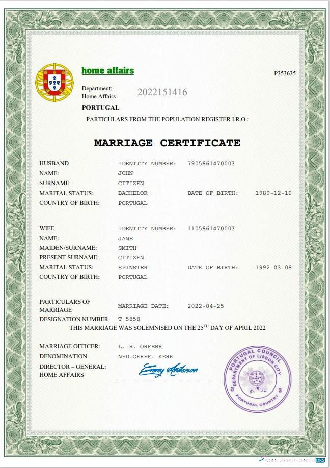 Download Portugal marriage certificate Word and PDF template Photoshop template